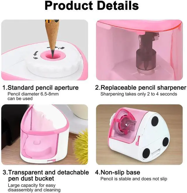 Alt view image 2 of 7 - Electric Pencil Sharpener, _Mega Brand Automatic Sharpener Fit for No.2 and 6-8 mm Pencils, Electric Sharpener with Auto Stop - Pink