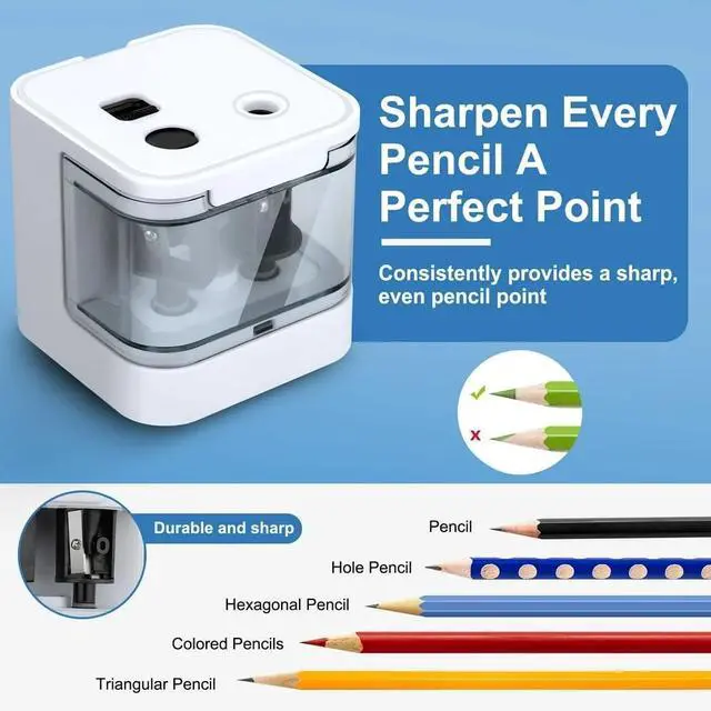 Alt view image 2 of 7 - _Mega Brand Electric Pencil Sharpener Double Hole Automatic Sharpener for .2/Colored Pencils USB & Battery Operated - White