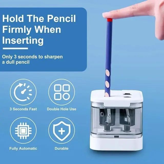Alt view image 3 of 7 - _Mega Brand Electric Pencil Sharpener Double Hole Automatic Sharpener for .2/Colored Pencils USB & Battery Operated - White