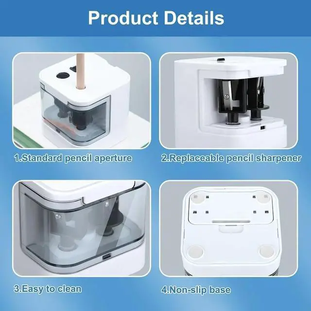 Alt view image 4 of 7 - _Mega Brand Electric Pencil Sharpener Double Hole Automatic Sharpener for .2/Colored Pencils USB & Battery Operated - White