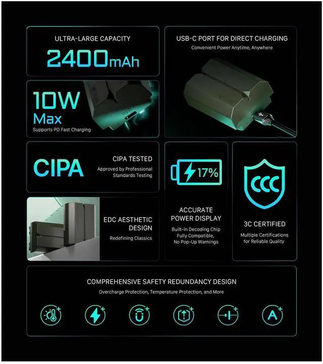 Alt view image 6 of 6 - _Mega Brand NP-FZ100 2400mAh High-Capacity Battery for Digital Cameras with High-Energy-Density Cell, USB-C Port, and Built-In Decoding Chip (Green)
