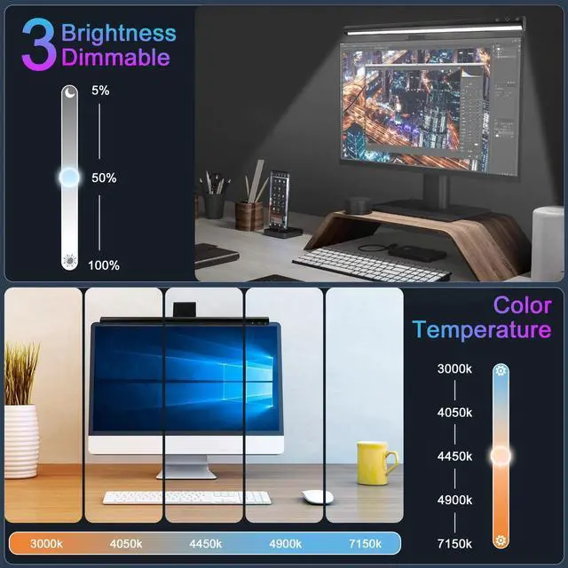 Alt view image 4 of 6 - _Mega Brand Computer Monitor Lamp, Screen Monitor Light Bar for Eye Caring, Dimmable Lamp Bar, Touch Control, No Glare Space Saving Home Office Desk Lamps