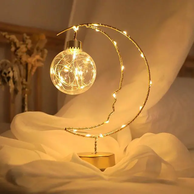 Alt view image 4 of 7 - _Mega Brand Enchanted Iron Art Lunar Lamp, Moon & Bulb Ramadan Desk Lamp, Battery & USB Powered, LED Winding Iron Frame Decorative Table Lamp for Nightstand/Bedroom Decor