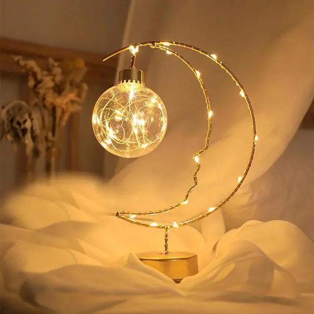 Alt view image 5 of 7 - _Mega Brand Enchanted Iron Art Lunar Lamp, Moon & Bulb Ramadan Desk Lamp, Battery & USB Powered, LED Winding Iron Frame Decorative Table Lamp for Nightstand/Bedroom Decor