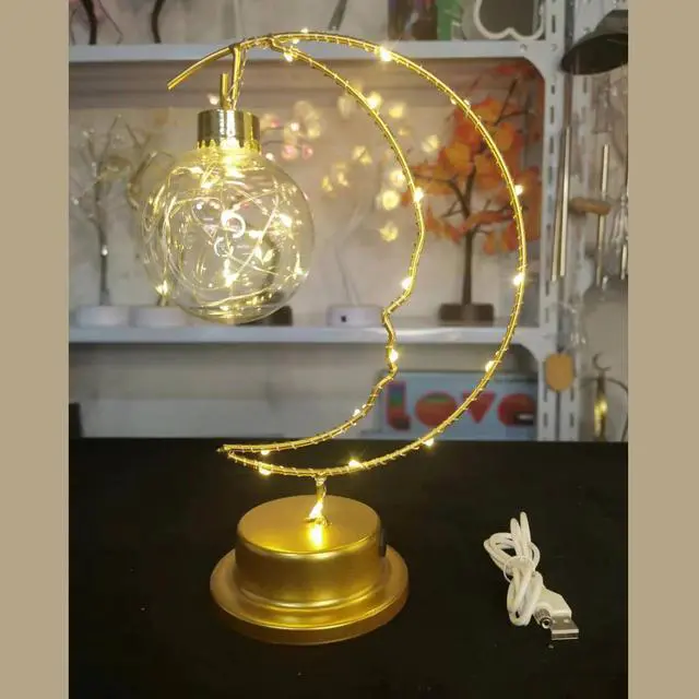 Alt view image 6 of 7 - _Mega Brand Enchanted Iron Art Lunar Lamp, Moon & Bulb Ramadan Desk Lamp, Battery & USB Powered, LED Winding Iron Frame Decorative Table Lamp for Nightstand/Bedroom Decor