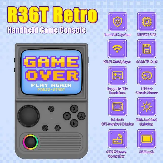 Alt view image 2 of 7 - _Mega Brand R36T Retro Gaming Console,3.5''IPS Screen CRT-Inspired,Handheld Game Console with 18000+Classic Games Supports WiFi Networked Fighting and OTG,3500mAh Battery,with Portable Case(Grey 64GB)