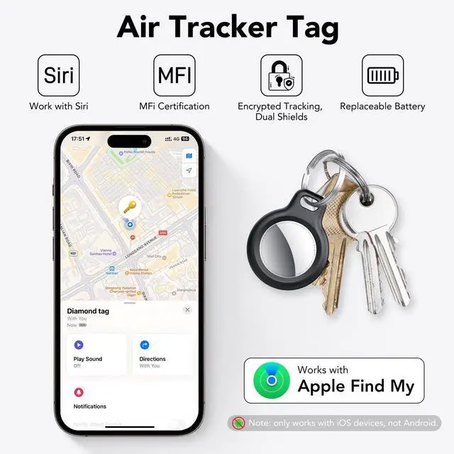Alt view image 2 of 7 - _Mega Brand Air Tracker Tags-4 Pack Black | Bluetooth Tracker Work with Apple Find My(iOS Only),Smart Tag with Protective Case/Keychain/Lanyard,Item Finder for Luggage/Key/Suitcase,Replaceable Battery