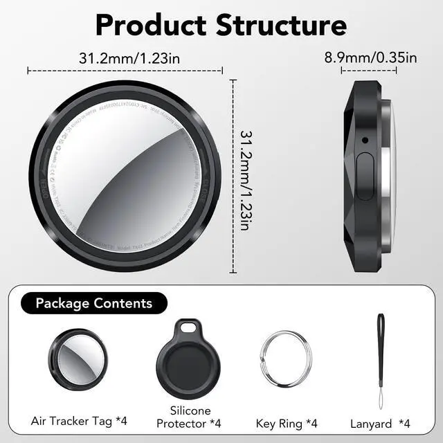 Alt view image 7 of 7 - _Mega Brand Air Tracker Tags-4 Pack Black | Bluetooth Tracker Work with Apple Find My(iOS Only),Smart Tag with Protective Case/Keychain/Lanyard,Item Finder for Luggage/Key/Suitcase,Replaceable Battery