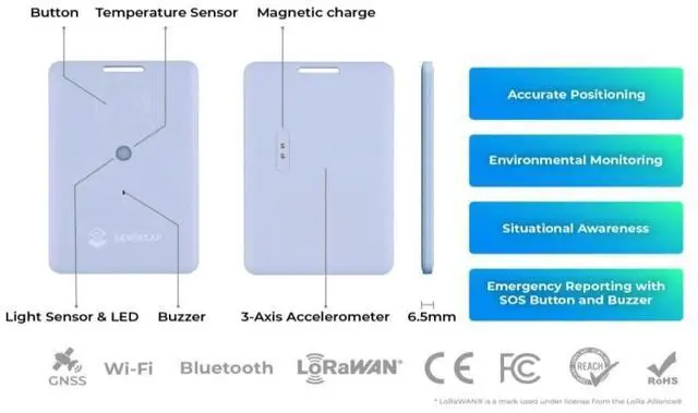 Alt view image 4 of 7 - _Mega Brand T1000-A GPS Tracker with Temp, Light, Motion Sensor, LoRaWAN, Bluetooth and Wi-fi Transmission, Bluetooth, Wi-fi, Panic Button and Buzzer, GNSS, 6.5mm Card Size, IP65 Waterproofing