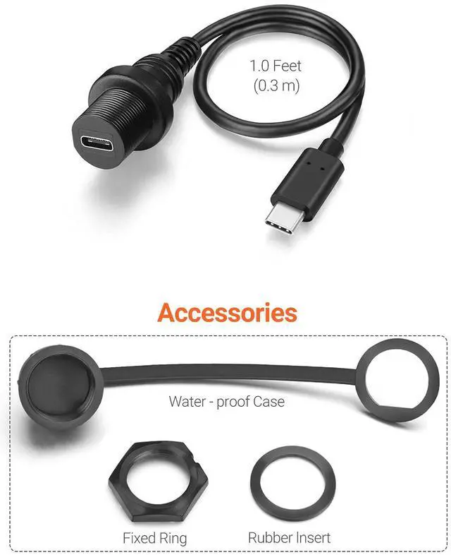 Alt view image 5 of 7 - _Mega Brand USB Type C 3.1 Male to Female Flush Mount Cable Waterproof Kit Accessories Car Dash Panel Mount Adapter Converter Extension Extender for Car Boat Motorcycle Motorbike 1 Feet 30 cm