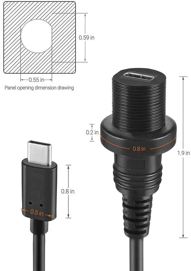 Alt view image 7 of 7 - _Mega Brand USB Type C 3.1 Male to Female Flush Mount Cable Waterproof Kit Accessories Car Dash Panel Mount Adapter Converter Extension Extender for Car Boat Motorcycle Motorbike 1 Feet 30 cm