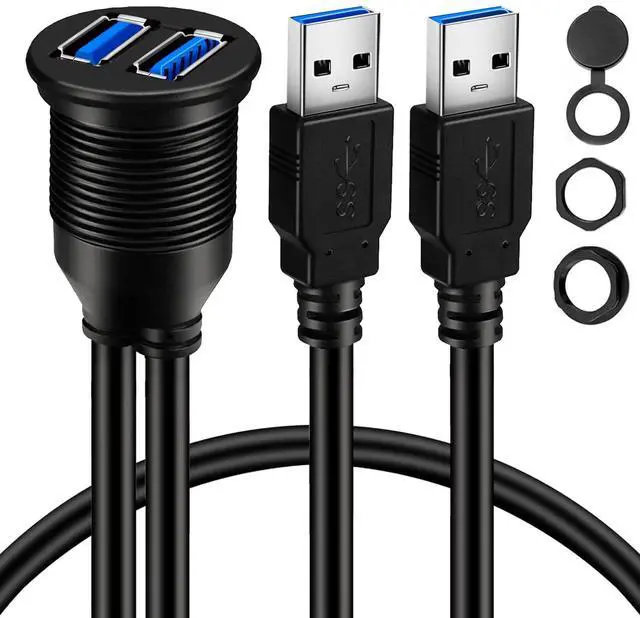 Main image of _Mega Brand 2 Ports Dual USB 3.0 Male to USB 3.0 Female AUX Flush Mount Car Mount Extension Cable for Car Truck Boat Motorcycle Dashboard Panel 1ft