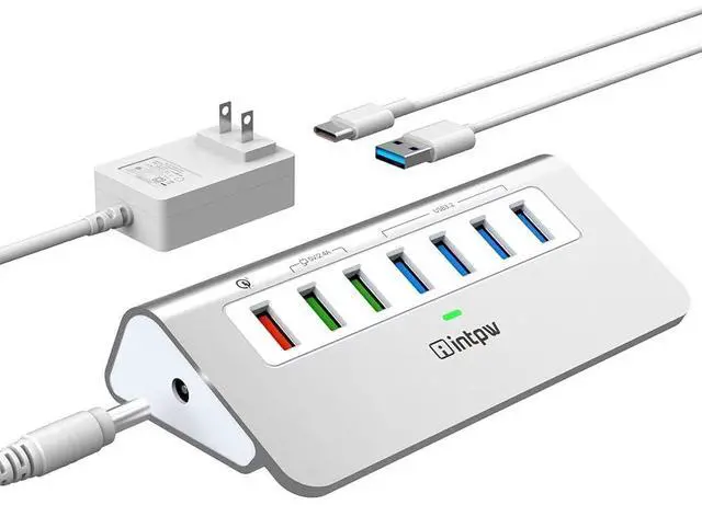 Main image of _Mega Brand Powered USB Hub 10Gbps, Aluminum 7 Port USB 3.2 Data Hub with 4 USB 3.2 Gen 2 Ports, 3 Fast Charging Ports, 30W Power Adapter, Type A & C Cable for Mac, PC, Laptop