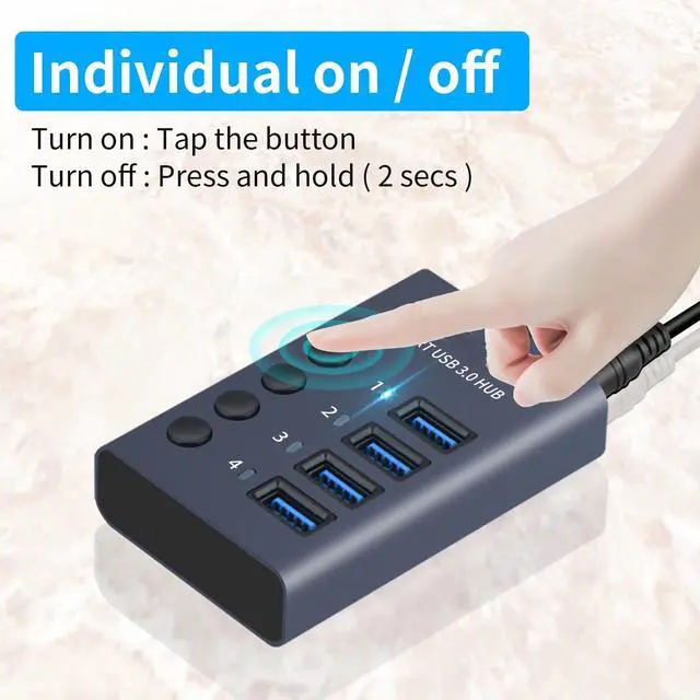 Alt view image 7 of 7 - _Mega Brand 4 Port Aluminum USB 3.0 hub with 4 Port USB Data Transfer,36W (12V/3A) Power Adapter USB Splitter Independent Switch