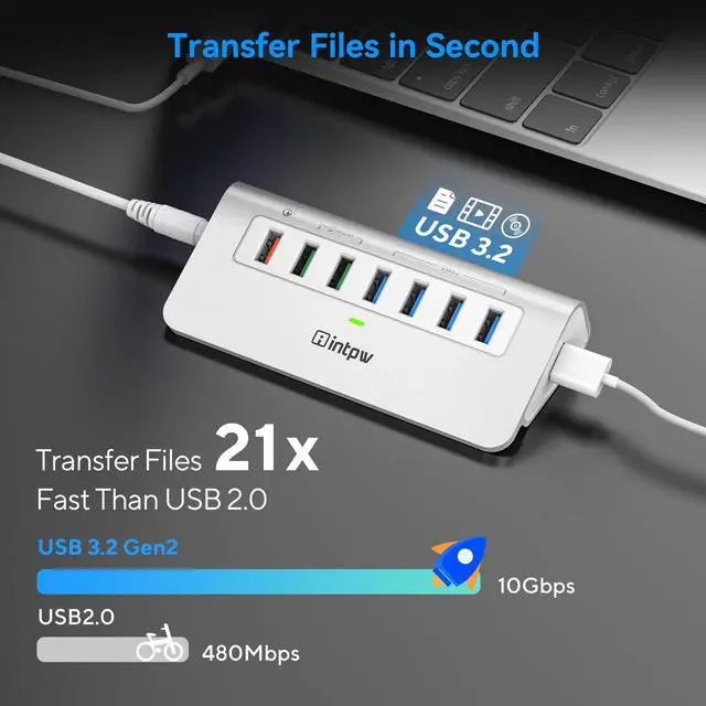 Alt view image 3 of 7 - _Mega Brand Powered USB Hub 10Gbps, Aluminum 7 Port USB 3.2 Data Hub with 4 USB 3.2 Gen 2 Ports, 3 Fast Charging Ports, 30W Power Adapter, Type A & C Cable for Mac, PC, Laptop