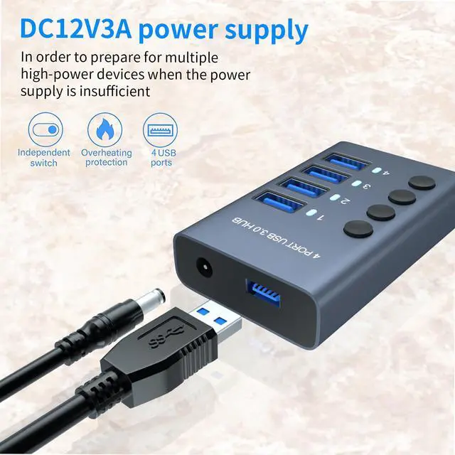 Alt view image 4 of 7 - _Mega Brand 4 Port Aluminum USB 3.0 hub with 4 Port USB Data Transfer,36W (12V/3A) Power Adapter USB Splitter Independent Switch