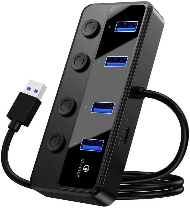 Main image of _Mega Brand 4-Port USB 3.0 Hub, Individual LED Power Switches, 5Gbps Data Transfer USB Splitter with 2ft Extension Cable, Multiple USB Extender for Laptop, PC, iMac, USB Flash Drives and More