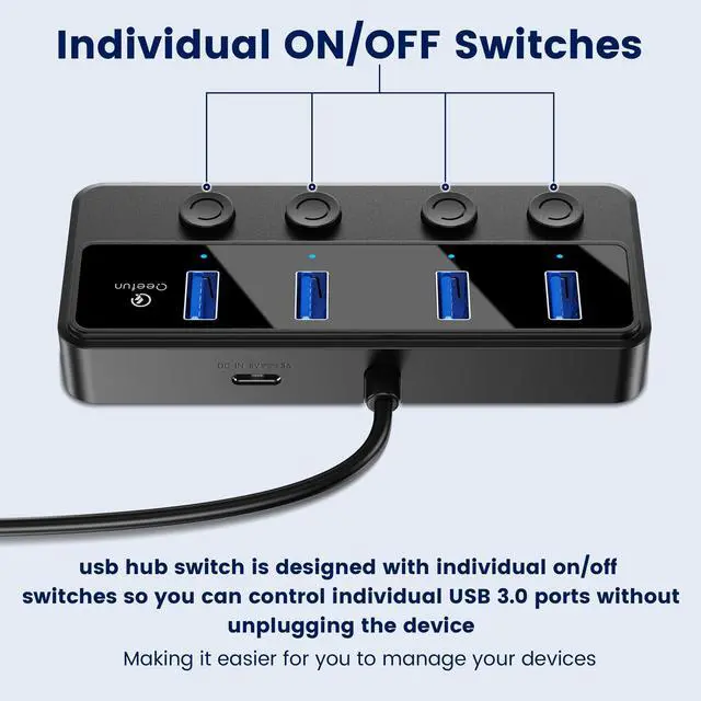 Alt view image 3 of 7 - _Mega Brand 4-Port USB 3.0 Hub, Individual LED Power Switches, 5Gbps Data Transfer USB Splitter with 2ft Extension Cable, Multiple USB Extender for Laptop, PC, iMac, USB Flash Drives and More