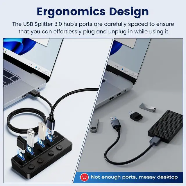 Alt view image 5 of 7 - _Mega Brand 4-Port USB 3.0 Hub, Individual LED Power Switches, 5Gbps Data Transfer USB Splitter with 2ft Extension Cable, Multiple USB Extender for Laptop, PC, iMac, USB Flash Drives and More
