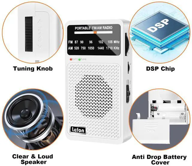 Alt view image 6 of 7 - _Mega Brand Portable Radio AM FM, Pocket Radios with Excellent Reception, Speaker & Headphone Jack, Battery Operated Mini Transistor Radios with Back Clip for Indoor, Outdoor, Gift for Elderly (White)