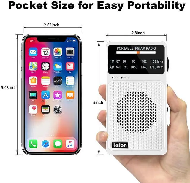Alt view image 7 of 7 - _Mega Brand Portable Radio AM FM, Pocket Radios with Excellent Reception, Speaker & Headphone Jack, Battery Operated Mini Transistor Radios with Back Clip for Indoor, Outdoor, Gift for Elderly (White)