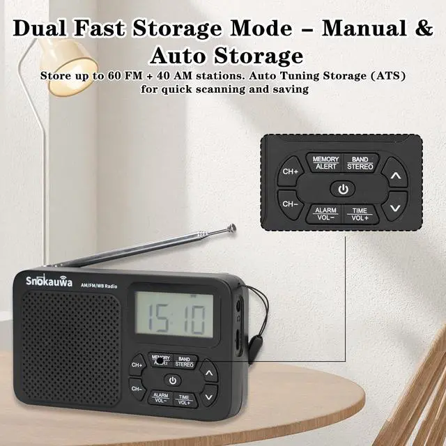 Alt view image 5 of 7 - _Mega Brand Emergency Weather RadioAM/FM NOAA Portable Weather Radios with Dual Mode Storage, Digital Tuner, Sleep Timer for Home Outdoor Gift (Black)