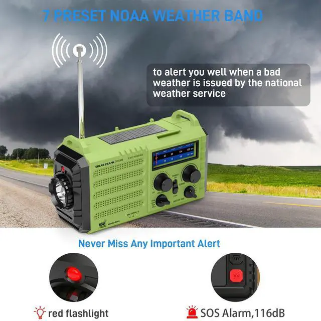 Alt view image 2 of 7 - _Mega Brand NOAA Weather Radio, Emergency Hand Crank Radio with Solar Charger, Portable Battery Operated AM FM Shortwave Radio with LED Flashlight, Earbud Jack, SOS Alert for Home Survival Hurricane