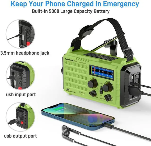 Alt view image 5 of 7 - _Mega Brand NOAA Weather Radio, Emergency Hand Crank Radio with Solar Charger, Portable Battery Operated AM FM Shortwave Radio with LED Flashlight, Earbud Jack, SOS Alert for Home Survival Hurricane