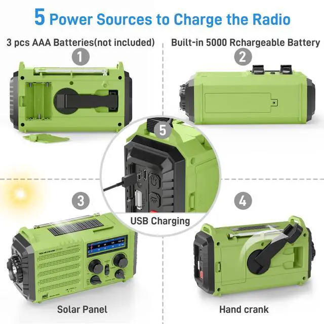 Alt view image 4 of 7 - _Mega Brand NOAA Weather Radio, Emergency Hand Crank Radio with Solar Charger, Portable Battery Operated AM FM Shortwave Radio with LED Flashlight, Earbud Jack, SOS Alert for Home Survival Hurricane