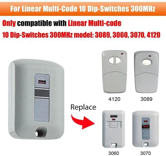 Alt view image 3 of 7 - _Mega Brand 2-Pack Replacement Garage Door Opener Remote for Linear Multi-Code 3089, 308911, 3070, 307010, 10 Dip Switch Gate Opener, 300MHz Compatible