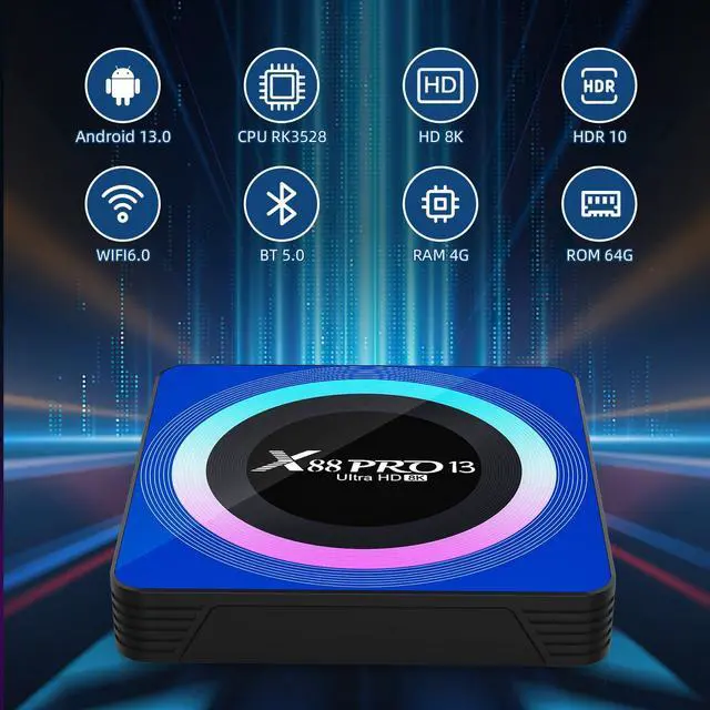 Alt view image 2 of 7 - _Mega Brand Android 13.0 TV Box, 6K 8K Android Box with 4GB RAM 64GB ROM RK3528 Quad-Core Support WiFi6 2.4Ghz/5.0Ghz HDR10 BT 5.0 H.265 USB 2.0 3.0 3D Ethernet with Mini Backlit Keyboard