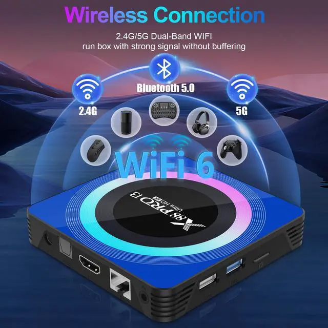 Alt view image 5 of 7 - _Mega Brand Android 13.0 TV Box, 6K 8K Android Box with 4GB RAM 64GB ROM RK3528 Quad-Core Support WiFi6 2.4Ghz/5.0Ghz HDR10 BT 5.0 H.265 USB 2.0 3.0 3D Ethernet with Mini Backlit Keyboard