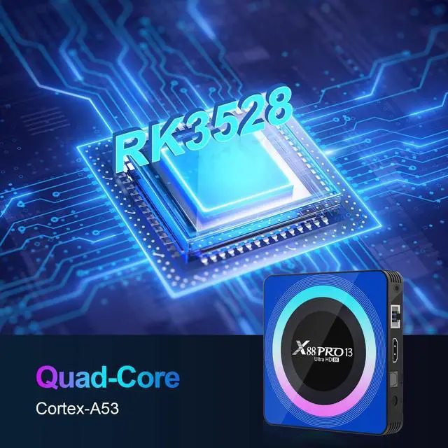 Alt view image 4 of 7 - _Mega Brand Android 13.0 TV Box, 6K 8K Android Box with 4GB RAM 64GB ROM RK3528 Quad-Core Support WiFi6 2.4Ghz/5.0Ghz HDR10 BT 5.0 H.265 USB 2.0 3.0 3D Ethernet with Mini Backlit Keyboard