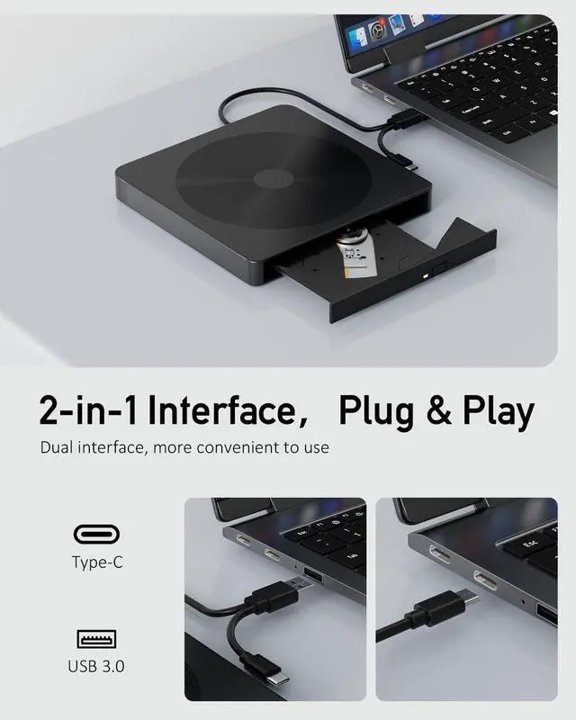 Alt view image 4 of 7 - _Mega Brand External CD/DVD Drive for Laptop with USB 3.0 & Type-C, Portable DVD Burner, External Disc Drive, CD Reader for Laptop, Lightweight USB CD/DVD External Drive Compatible with PC