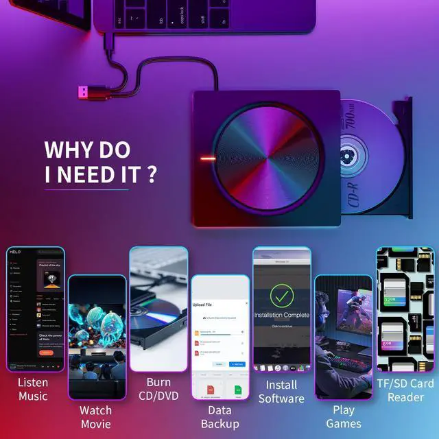 Alt view image 7 of 7 - _Mega Brand External CD/DVD Drive,DVD Player for Laptop,6 in 1 Portable DVD Reader Writer ROM Drive,USB CD Burner External Disk Drive Compatible with Laptop Desktop Mac,Windows 11/10/8/7 Linux OS