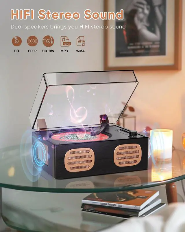 Alt view image 2 of 7 - _Mega Brand Portable Retro CD Player with Bluetooth and Dual HiFi Speakers, LED Screen, Desktop Vintage Wooden CD Music Player for Home, Dust Cover, Remote Control, AUX/USB Playback, Black Rose Gold