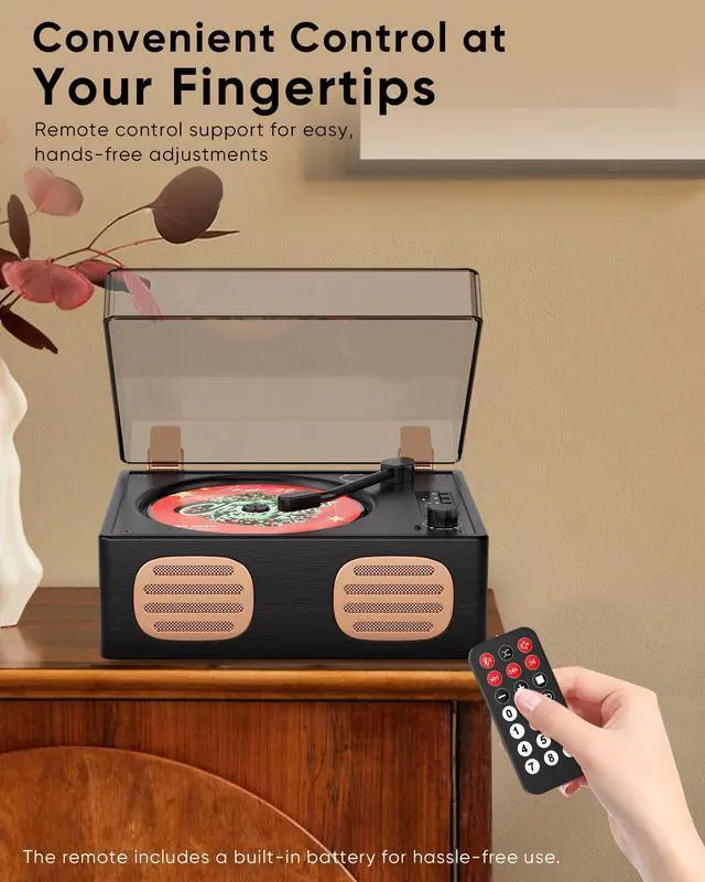 Alt view image 3 of 7 - _Mega Brand Portable Retro CD Player with Bluetooth and Dual HiFi Speakers, LED Screen, Desktop Vintage Wooden CD Music Player for Home, Dust Cover, Remote Control, AUX/USB Playback, Black Rose Gold