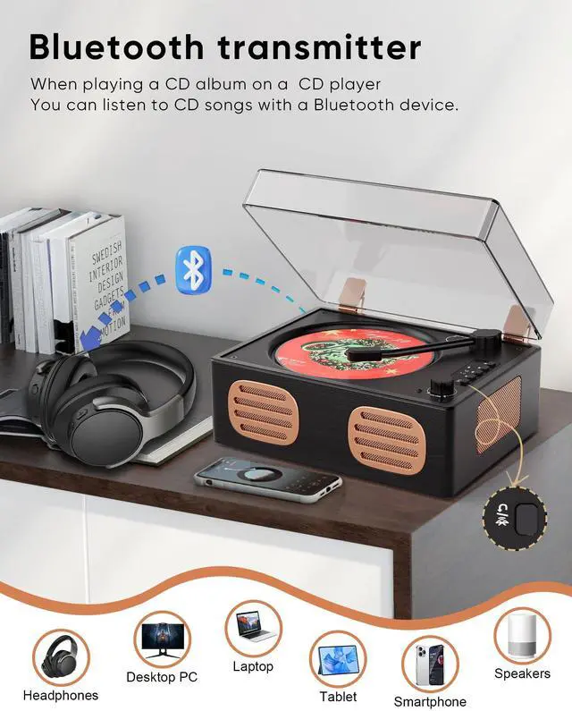 Alt view image 6 of 7 - _Mega Brand Portable Retro CD Player with Bluetooth and Dual HiFi Speakers, LED Screen, Desktop Vintage Wooden CD Music Player for Home, Dust Cover, Remote Control, AUX/USB Playback, Black Rose Gold
