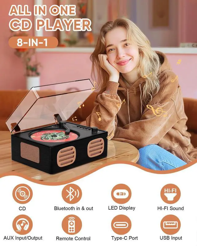 Alt view image 7 of 7 - _Mega Brand Portable Retro CD Player with Bluetooth and Dual HiFi Speakers, LED Screen, Desktop Vintage Wooden CD Music Player for Home, Dust Cover, Remote Control, AUX/USB Playback, Black Rose Gold