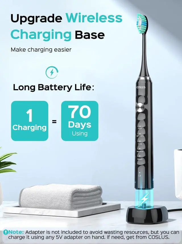 Alt view image 4 of 7 - _Mega Brand Sonic Electric Toothbrush for Adults:47000 VPM for Deep Cleaning & Whitening with Travel Case - 5 Modes for Sensitive Teeth & Braces,Wireless Charging,6 Brush Heads for Home Family,Black