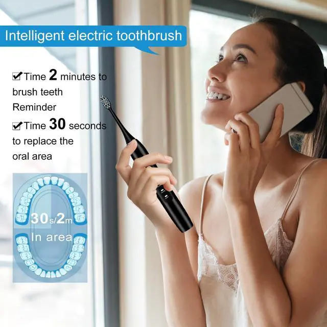 Alt view image 4 of 6 - _Mega Brand Electric Toothbrush Set, Comes with 8 Brush Heads & Travel Case,4 Modes with 2 Minutes Built in Smart Timer, One Charge for 60 Days, 42000 VPM Motor (Black)