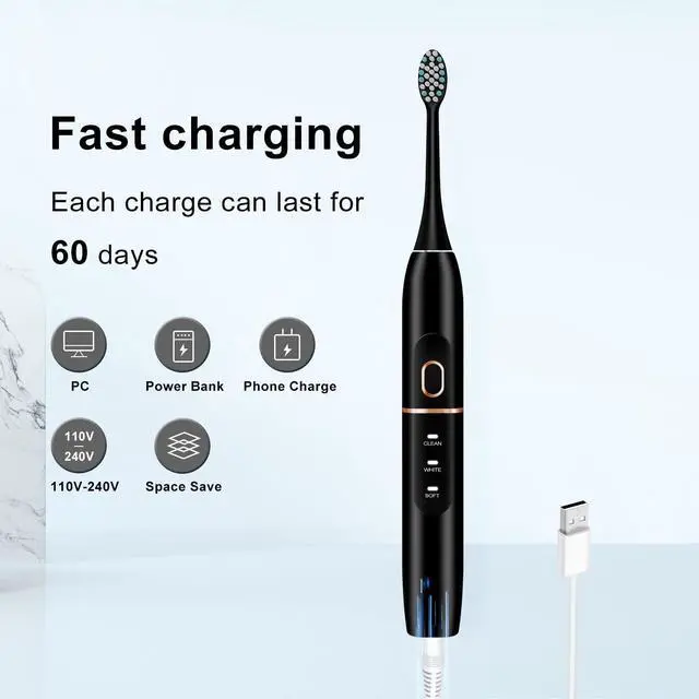 Alt view image 6 of 6 - _Mega Brand Electric Toothbrush Set, Comes with 8 Brush Heads & Travel Case,4 Modes with 2 Minutes Built in Smart Timer, One Charge for 60 Days, 42000 VPM Motor (Black)