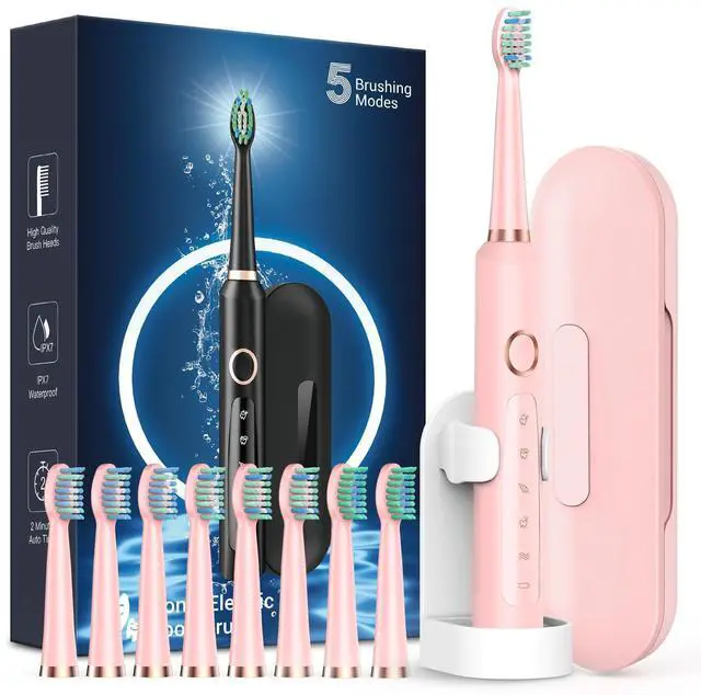 Main image of _Mega Brand M5 Sonic Electric Toothbrush for Adults and Kids - Rechargeable Electric Toothbrush Kids Ages 12+ and Adults with 8 Brush Heads & Travel Case, 120 Days Battery Life - Pink
