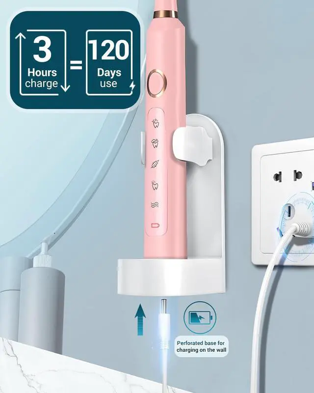 Alt view image 6 of 7 - _Mega Brand M5 Sonic Electric Toothbrush for Adults and Kids - Rechargeable Electric Toothbrush Kids Ages 12+ and Adults with 8 Brush Heads & Travel Case, 120 Days Battery Life - Pink