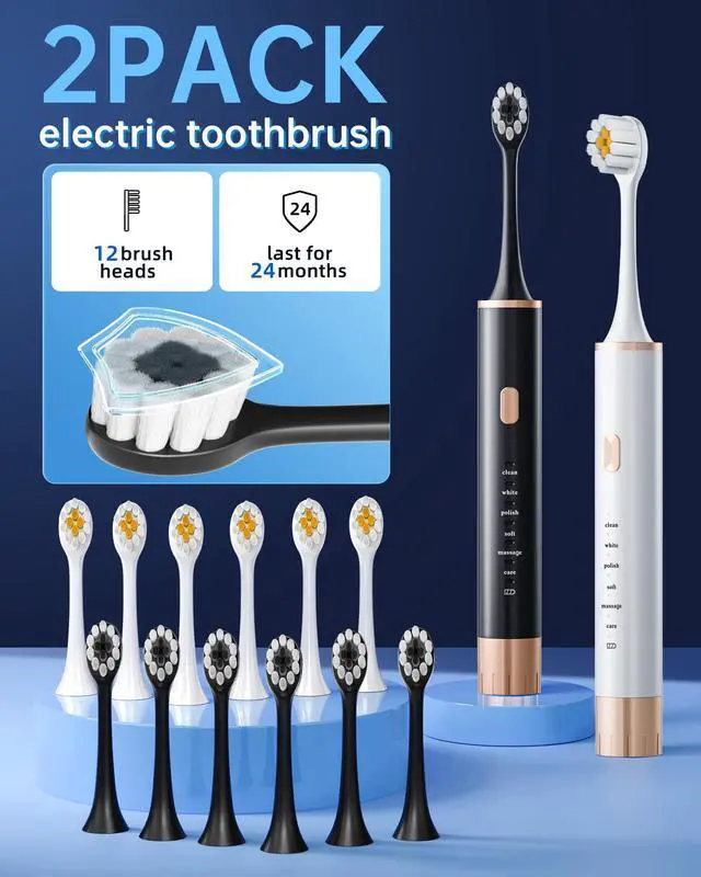 Alt view image 2 of 7 - Sonic 2 Pack Electric Toothbrush for Adults and Kids, Travel Toothbrush Includes 12 Replacement Toothbrush Heads, 6 Modes with 2 MIN Smart Timer (Black White)