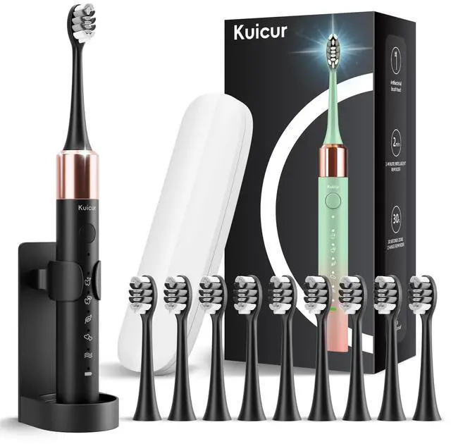 Main image of _Mega Brand Sonic Electric Toothbrush for Adults and Kids, Comes with 10 Brush Heads & Travel Case, 5 Modes with 2 Minutes Built in Smart Timer, One Charge for 90 Days, 42,000 VPM Motor (Black)