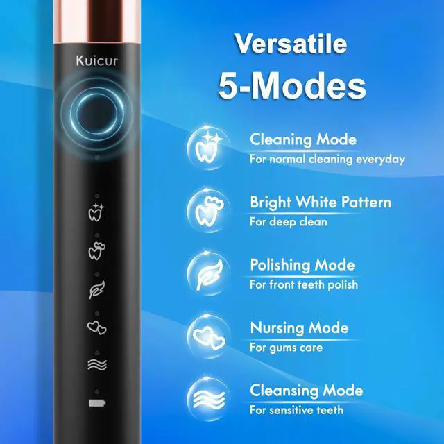 Alt view image 3 of 7 - _Mega Brand Sonic Electric Toothbrush for Adults and Kids, Comes with 10 Brush Heads & Travel Case, 5 Modes with 2 Minutes Built in Smart Timer, One Charge for 90 Days, 42,000 VPM Motor (Black)