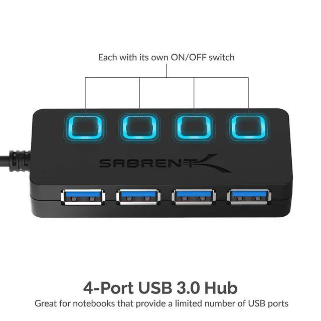 Alt view image 2 of 7 - 4-Port USB 3.0 Hub with Individual LED Power Switches - Slim, Portable Design - 2 Ft Cable - Fast Data Transfer - Compatible with Mac & PC (HB-UM43)