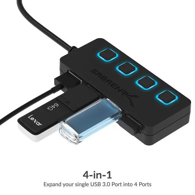 Alt view image 3 of 7 - 4-Port USB 3.0 Hub with Individual LED Power Switches - Slim, Portable Design - 2 Ft Cable - Fast Data Transfer - Compatible with Mac & PC (HB-UM43)