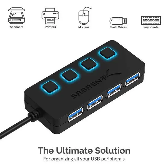 Alt view image 5 of 7 - 4-Port USB 3.0 Hub with Individual LED Power Switches - Slim, Portable Design - 2 Ft Cable - Fast Data Transfer - Compatible with Mac & PC (HB-UM43)